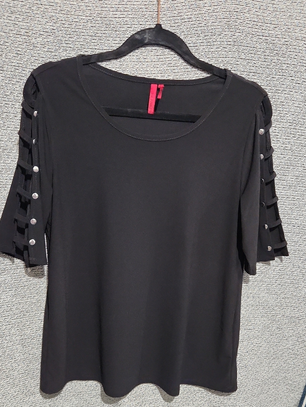 Scarlett Black Short Sleeve Top with Ladder-Sleeve Button Detail